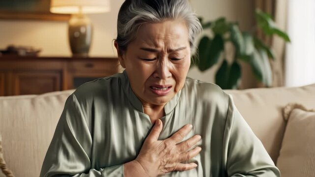 Old woman, chest pain and hands massage in home, heart attack and disease for blocked artery. Senior person, closeup and hypertension risk in living room, medical emergency and heartburn or angina