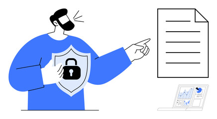Man holding shield with lock symbol, pointing at document and laptop screen with analytics chart. Ideal for security, data protection, privacy, encryption, cybersecurity, analysis compliance. Simple