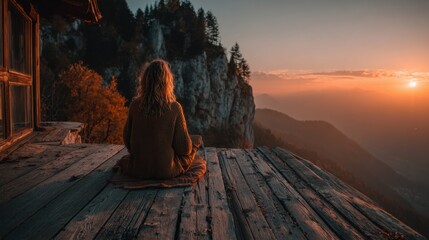 Woman meditates on wooden deck overlooking Mountain range during orange sunset, peaceful outdoor scene at dusk, mindfulness and relaxation concept