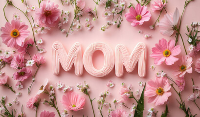 Word "MOM" created with cream-style typography and surrounded by pink flowers on a turquoise background, ideal Mother's Day, letter "MOM"