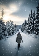 Woman walking on snowy path through winter forest during snowfall. Outdoor exploration and serene nature landscape for seasonal travel and adventure.