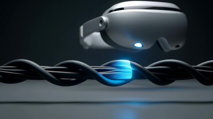 A futuristic VR headset floats above a glowing cable as a blue light pulse represents high-speed data transfer for the metaverse and virtual reality. - Powered by Adobe