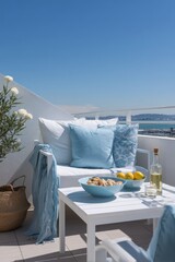Obraz premium Cozy seaside terrace with refreshments and blue decor for relaxation ,National Bouillabaisse Day