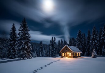Cozy wooden log cabin in a snowy winter forest at night under a full moon, with glowing windows and smoke rising from the chimney, for vacation and Christmas.