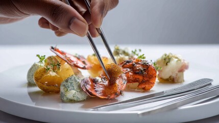 Gourmet dining experience with exquisite plated seafood and fresh herbs