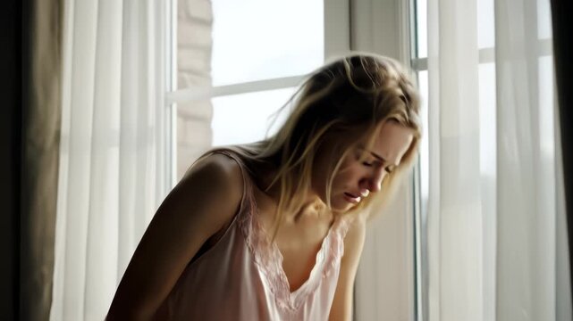 Tired blonde woman standing near window, touching forehead with hand, feeling bad, suffering from dizziness. Sick girl having vertigo, feeling exhausted, overheated or unwell, losing consciousness.
