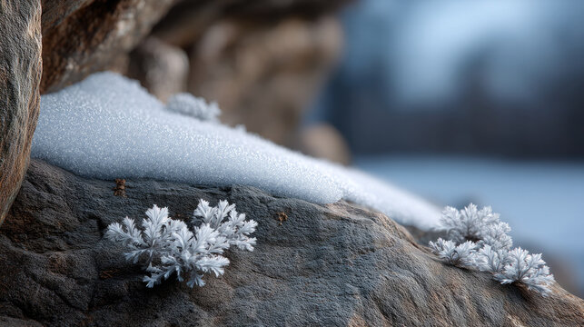 Close up of snow crystals on rocky surface with frosty texture, winter nature detail, cold atmosphere, serene outdoor scene