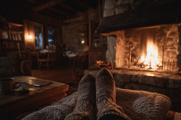 Cozy winter scene of warm wool socks and a soft blanket by a rustic stone fireplace, glowing with inviting firelight in a wooden chalet interior