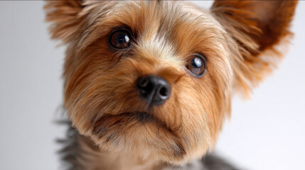 Adorable small brown terrier dog with expressive eyes looking curiously into the camera against a soft neutral background for pet portraits