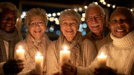 Group of older adults smiling and posing with lit candles, enjoying holiday moment together