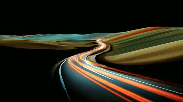 Car headlights curving through darkness, road-trip cinematics + long exposure, blurred hills with copy space.