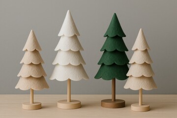 Modern Nordic Christmas decor with beige white and green trees on wooden stand in minimalist boho style