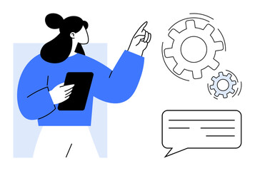 Woman holding tablet, pointing to cogwheels with speech bubble. Ideal for teamwork, process optimization, technology, communication, innovation, brainstorming and system thinking. Simple flat