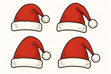 Set of simple red Santa hats hand drawn and isolated on white background
