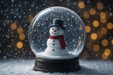 Snow globe with snowman in swirling snowstorm and glowing bokeh background