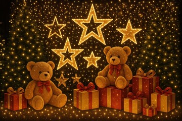 Sparkling illuminated Christmas decorations with trees stars teddy bears and gift boxes