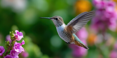 Fototapeta premium nature photography, motion-captured wings of a delicate hummingbird mid-flight near blooming wildflowers in california, with a dreamy garden background