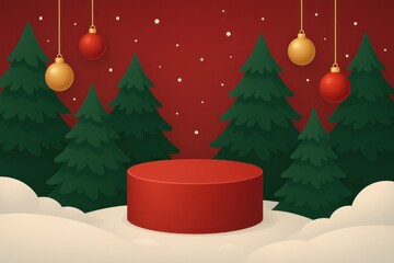 Vector Christmas background with snowy round podium between trees and glass ornaments for product display