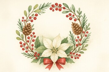 Watercolor Christmas wreath with white poinsettia pinecones berries mistletoe and red ribbon bow