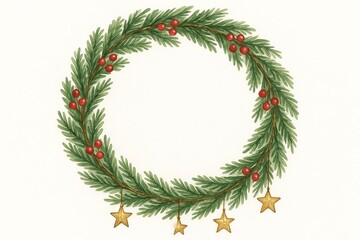 Handdrawn watercolor wreath of green fir red berries and gold stars isolated on white background