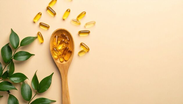 Healthy omega 3 fish oil capsules with natural green leaves on a light beige background