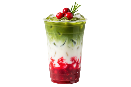 cranberry matcha latte in a clear plastic cup