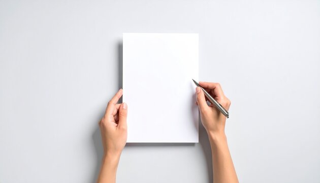 Woman's hands holding a stack of blank white paper and a pen, ready to write