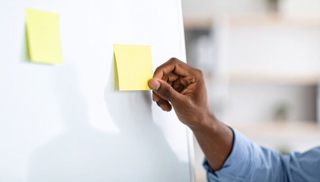 African american man placing a yellow sticky note on a white board