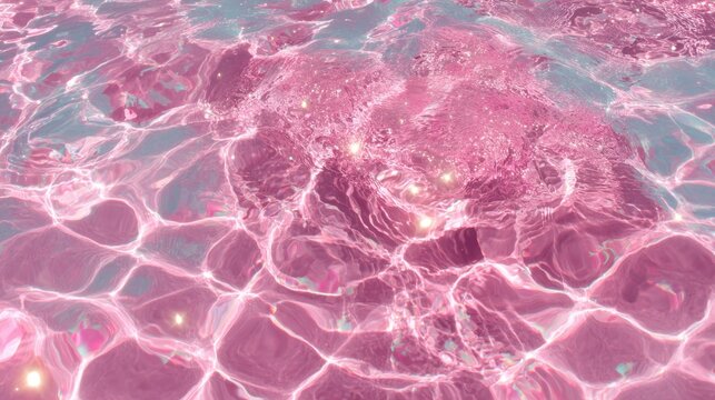 The scene shows vibrant pink water reflecting sunlight creating a whimsical and calming effect. The glimmering surface invites relaxation and daydreams by the poolside.