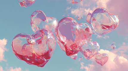Transparent soap bubbles shaped like hearts floating in the air, dreamy soft light, pastel pink and blue color palette