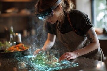Female using augmented reality headset to inspect food, wearing apron in kitchen, food preparation with futuristic tech.