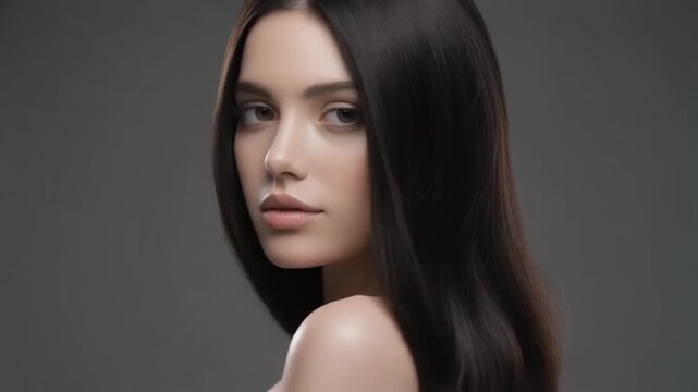 Brunette beauty with sleek, shiny hair looking back over her shoulder, Elegant woman with beautiful dark hair posing on a simple gray background