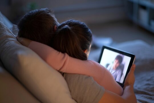 Couple embracing while viewing video on tablet in bedroom environment, demonstrating relaxed leisure time together in intimate setting