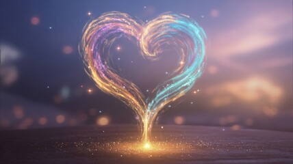 Glowing heart shape made of light trails in vibrant colors &mdash; magical love and fantasy illustration.