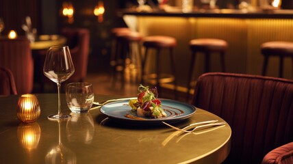 Fototapeta premium Fine dining table with gourmet dish, wine glasses, and ambient lighting in upscale restaurant — elegant culinary atmosphere.