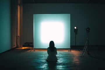 Obraz premium Woman sits before large glowing screen in dark studio setting with lighting equipment and minimal furnishings
