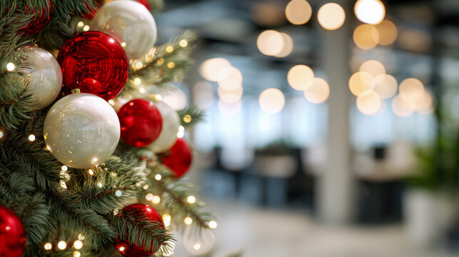Festive red and white baubles with twinkling lights decorating a Christmas tree in a modern office space with blurred bokeh background and warm ambiance