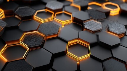 Hexagonal metallic pattern reflects fiery sky, creating an abstract background for Finance and Technology, a high quality 3d Rendering