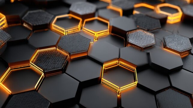Hexagonal metallic pattern reflects fiery sky, creating an abstract background for Finance and Technology, a high quality 3d Rendering