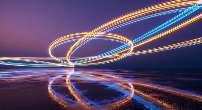 Abstract light trails of blue and orange creating a swirling pattern over reflective dark water