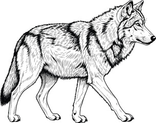 Hand drawn wolf illustration, black and white sketch, wild animal art, realistic fur detail, forest predator, tattoo design, vector graphic
