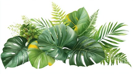Fototapeta premium A collection of rich green tropical leaves fills the scene showcasing various shapes and textures. This arrangement adds a lively touch to any space perfect for nature lovers.
