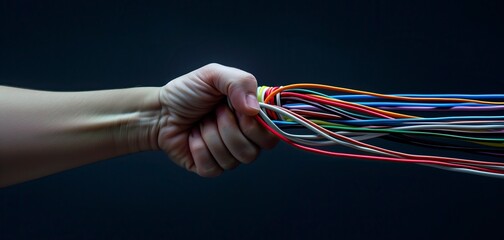 A human hand tightly gripping a bunch of multicolored electric wires on a dark background, symbolizing technology control, connectivity, and power management.