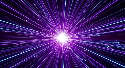 Abstract glowing purple and blue light streaks emanating from a bright center