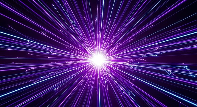 Abstract glowing purple and blue light streaks emanating from a bright center