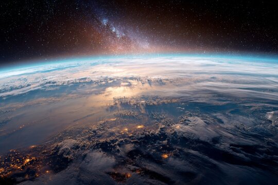Spectacular view of Earth from space showcasing city lights, atmospheric glow, and starry night sky with Milky Way - Powered by Adobe