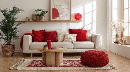 A living room with a red couch, a coffee table, and a potted plant. The room has a cozy and inviting atmosphere