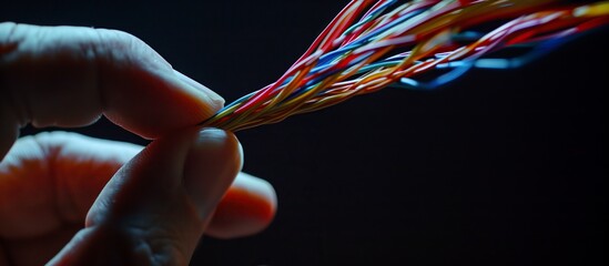 A human hand tightly clutching colorful electrical cables against a dark background, symbolizing power, connection, and mastery of technology.