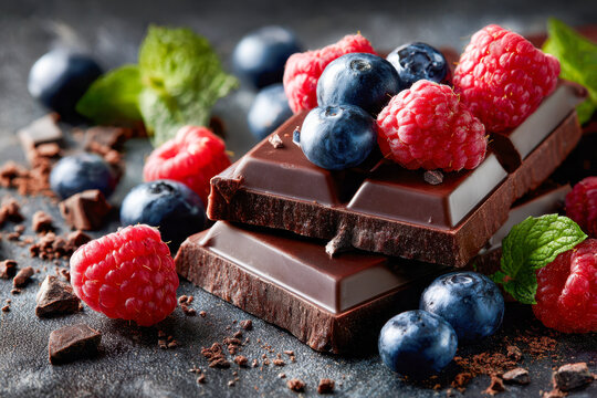 Dark chocolate pieces topped with fresh blueberries and raspberries surrounded by mint leaves and chocolate crumbs on a textured surface