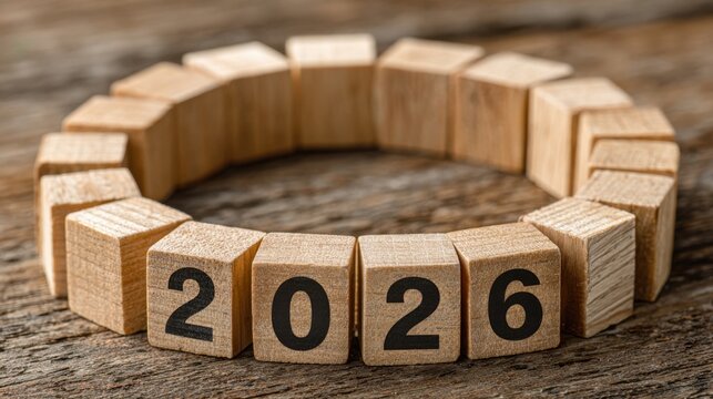 Wooden blocks circle around 2026 to represent business goals and strategies for the future, highlighting teamwork, innovation, and planning for growth objectives